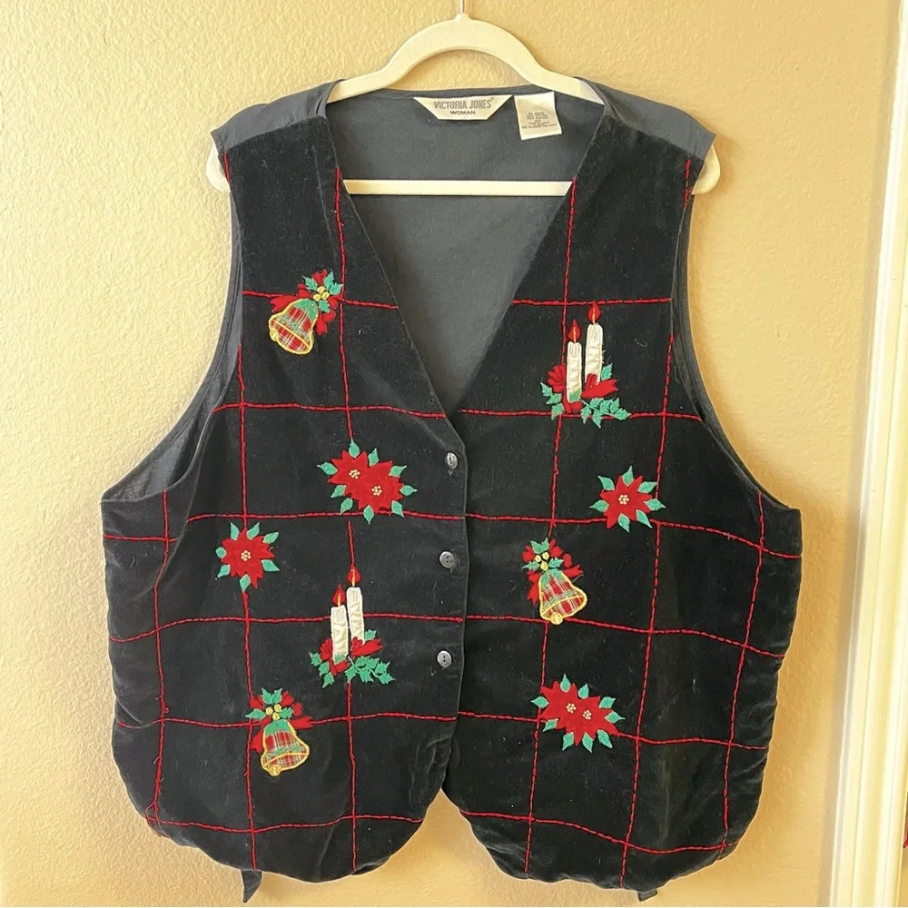 Vintage Victoria Jones Christmas Black Velvet Vest, 100% cotton,  size 22